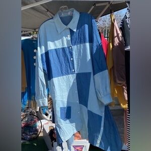 Blue Patchwork Button-Up Shirt Dress